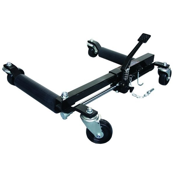 Hydraulic wheel positioning dolly for tires up to 12" wide
