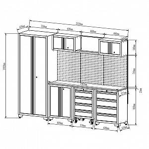 Professional workbench set with mobile cabinet for workshops, garages, and auto services, 13 pcs.
