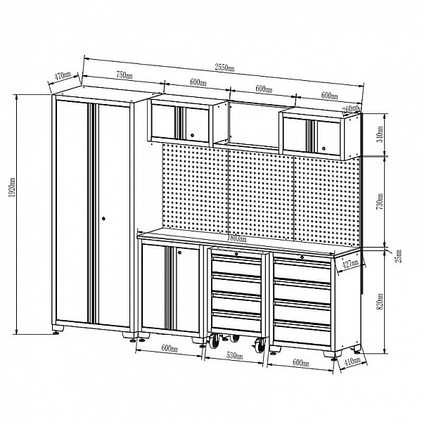 Professional workbench set with mobile cabinet for workshops, garages, and auto services, 13 pcs.