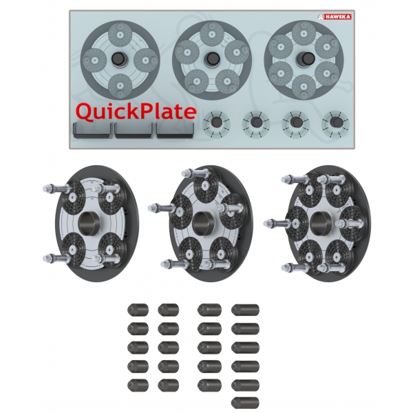 Set of 3 adjustable clamping plates for wheel centering QuickPlate with hanging stand (for 4-, 5-, and 6-hole Rims)