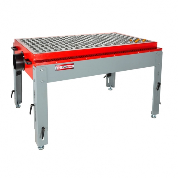 Height-adjustable metal sanding table (760–1030 mm) with extraction port