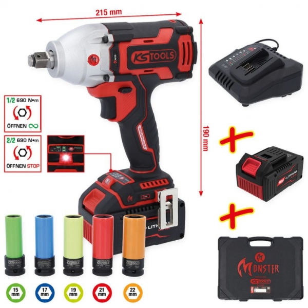 Cordless impact wrench set 1/2", 9-piece eMONSTER KS Tools