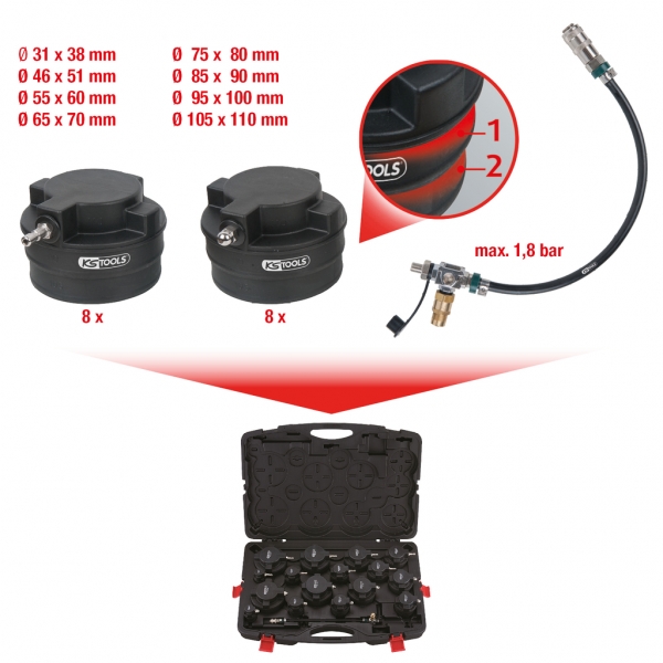 KS Tools turbocharger system pressure measuring set, with adapters, 17 pcs.