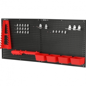 Wall-mounted metal tool rack with holders and storage bins, 34-piece set | Baltic Diag