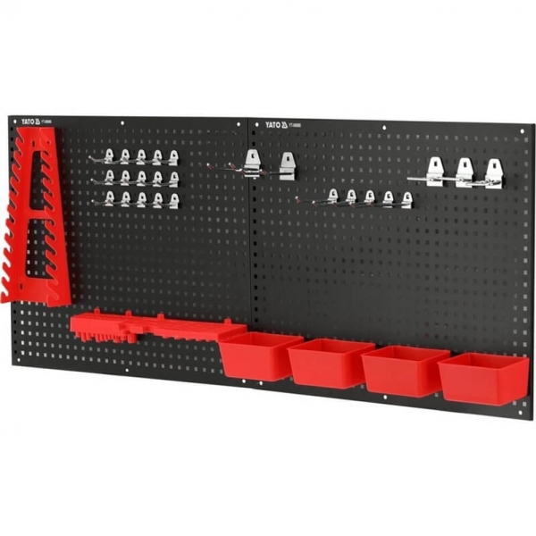 Wall-mounted metal tool rack with holders and storage bins, 34-piece set