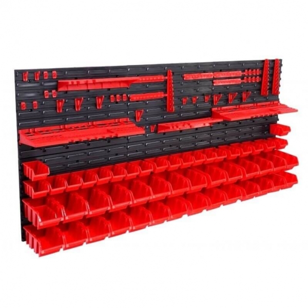 Wall-mounted tool rack with boxes and holders, 74 pcs