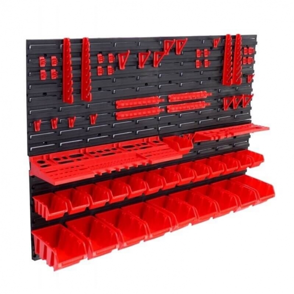 Wall-mounted tool rack with boxes and holders, 43 pcs