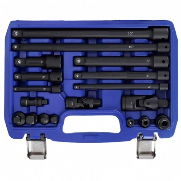 Impact extension bar and adapter set 1/4"+3/8"+1/2" 18 pcs