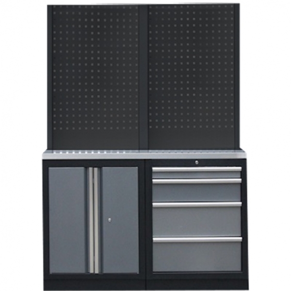 Black panel stationary workbench with two cabinets