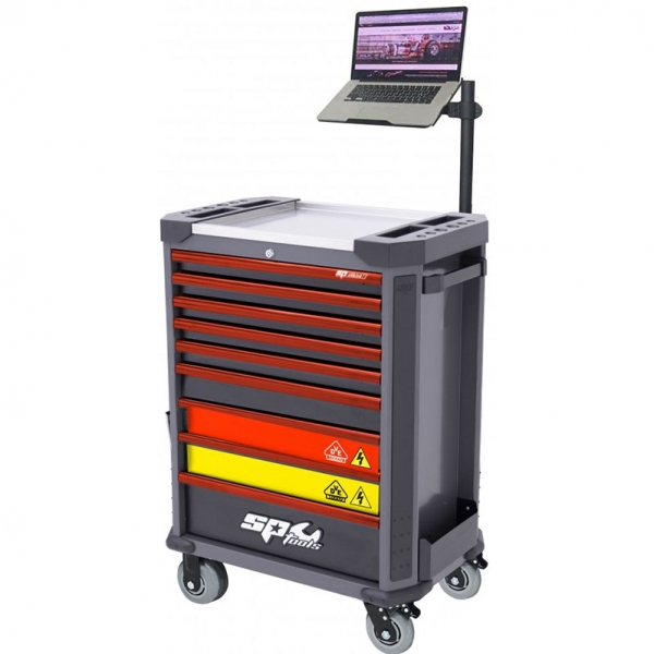 Tool trolley for electric vehicle servicing with 9 drawers, 199 tools, and laptop stand SP Tools Tech Series