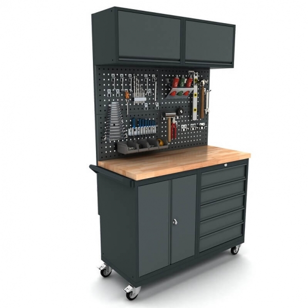 Mobile workbench with 2-door cabinet, 5 drawers, tool wall, and top cabinets