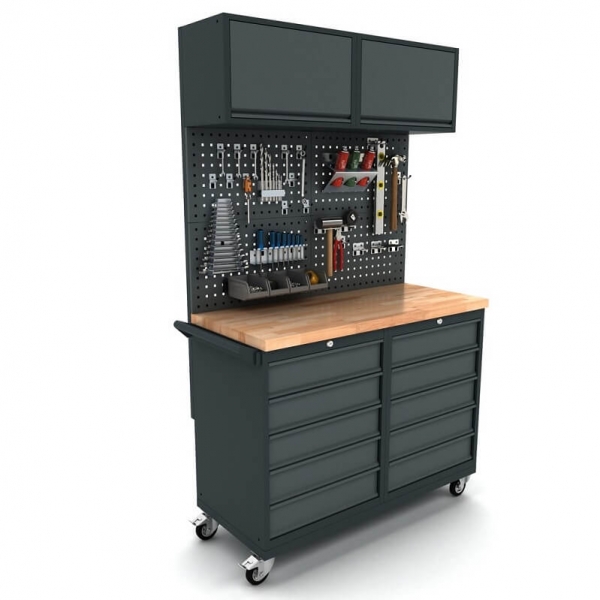 Mobile workbench with 2x 5-drawer cabinets, tool wall, and top cabinets