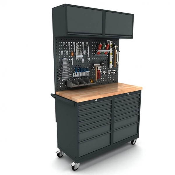 Mobile workbench with 2x 7-drawer cabinets, tool wall, and top cabinets
