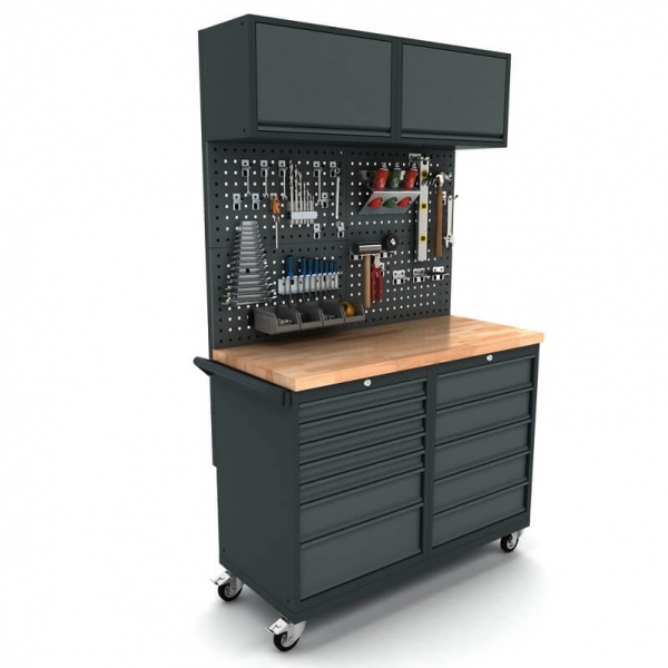 Mobile workbench with 12-drawer cabinets, tool wall, and top cabinets