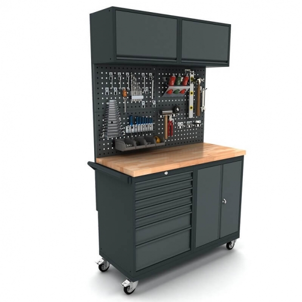Mobile workbench with 2-door and 7-drawer cabinet, tool wall, and top cabinets