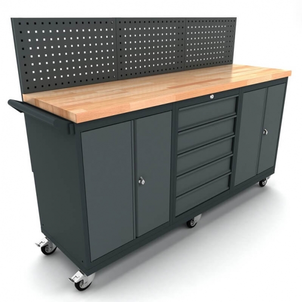 Mobile workbench with 2x 2-door and 5-drawer cabinets, including tool wall