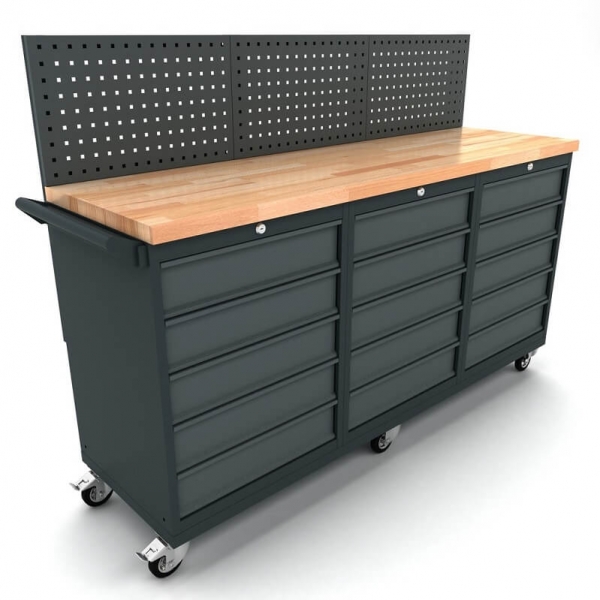 Mobile workbench with 3x 5-drawer cabinets and tool wall