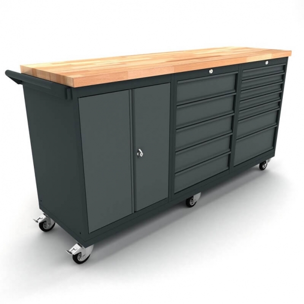 Mobile workbench with 2-door and 12-drawer cabinets