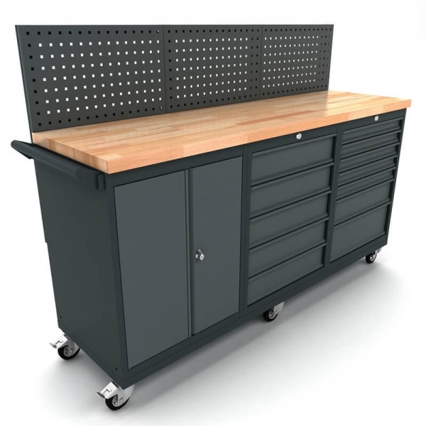 Mobile workbench with 2-door and 12-drawer cabinets, including tool wall