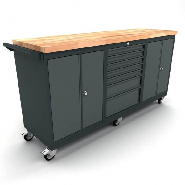 Mobile workbench with 2x 2-door and 7-drawer cabinets