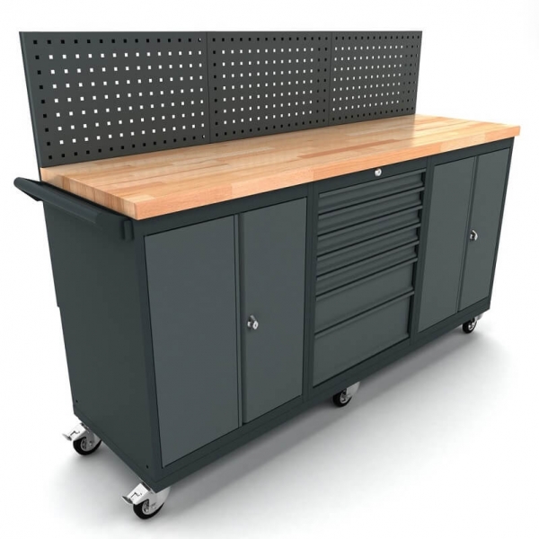 Mobile workbench with 2x 2-door and 7-drawer cabinets, including tool wall