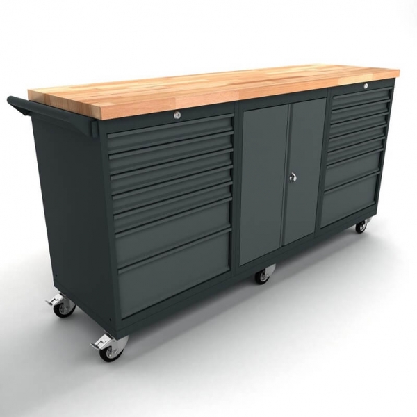Mobile workbench with 2-door and 2x 7-drawer cabinets