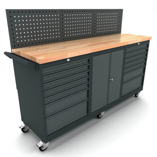 Mobile workbench with 2-door and 2x 7-drawer cabinets, including tool wall