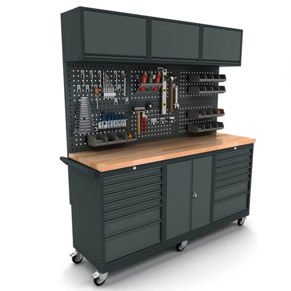 Mobile workbench with 2-door and 2x 7-drawer cabinets, including tool wall and top cabinets
