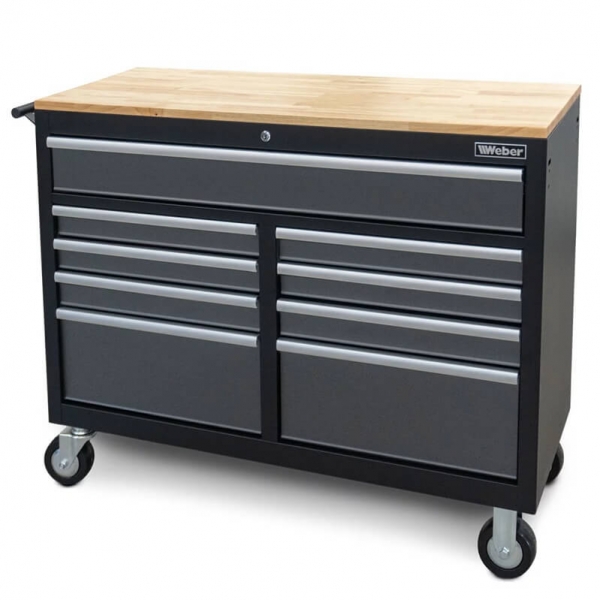 Mobile workshop trolley with 9 drawers and wooden worktop, filled with 298 tools