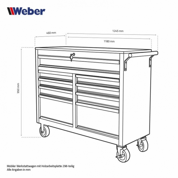 Mobile workshop trolley with 9 drawers and wooden worktop, filled with 298 tools | Baltic Diag