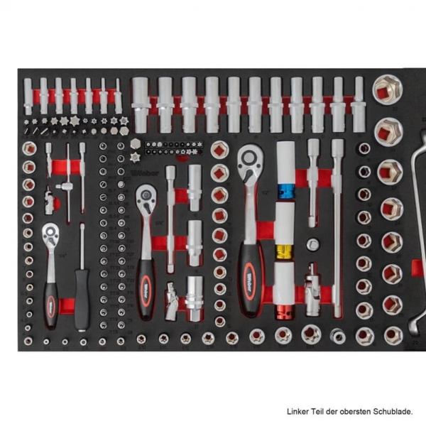 Mobile workshop trolley with 9 drawers and wooden worktop, filled with 298 tools | Baltic Diag