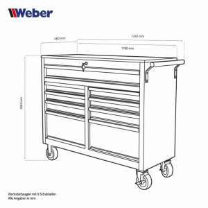 Mobile workshop trolley with 9 drawers and wooden worktop Weber | Baltic Diag