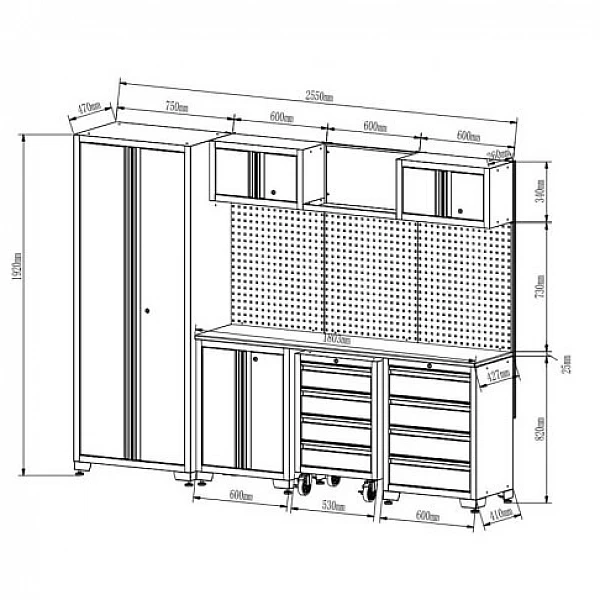 Professional workbench set with mobile cabinet for workshops, garages, and auto services, 13 pcs.
