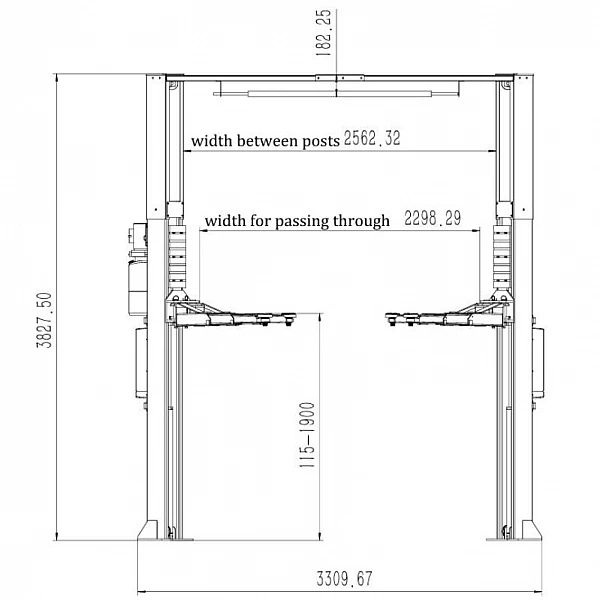Two-post asymmetric lift with 3+3-stage universal arms, BD-4000EV Pro
