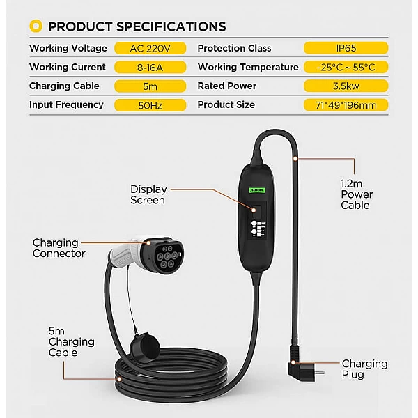 Portable electric vehicle charger AUTOOL C350, 3.3 kW, 14 A