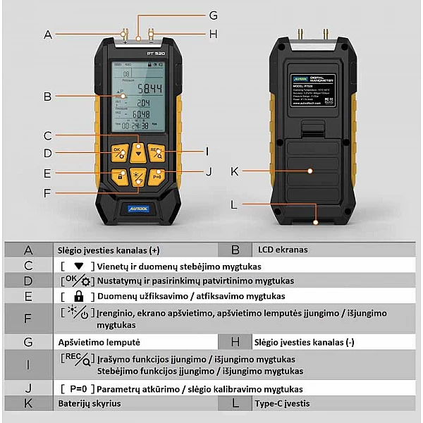 Прибор измерения давления воздуха Autool PT520