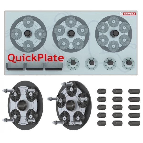 QuickPlate 2 regulējamu skavu plākšņu komplekts riteņu centrēšanai ar piekaramo statīvu (4 un 5 caurumu diskiem)