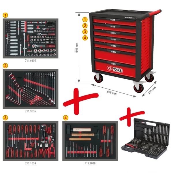KS Tools RACINGLINE Black/Red Instrumentu ratiņi ar septiņām atvilktnēm un 515 PREMIUM instrumentiem