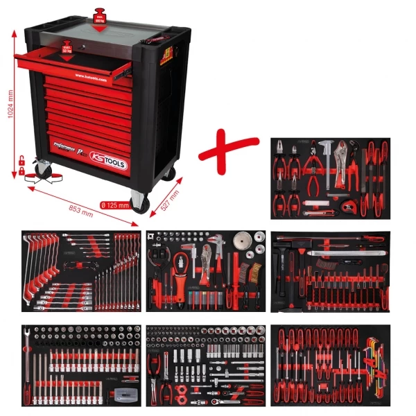 Performanceplus P10 KS Tools instrumentu ratiņi ar 397 instrumentiem un 8 atvilktnēm