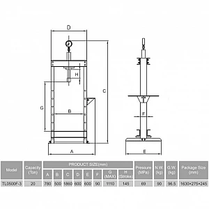 Hydraulic press with pressure gauge 20 t, foot operated