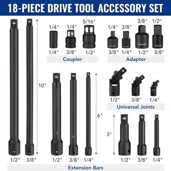 Impact extension bar and adapter set 1/4+3/8+1/2 18 pcs