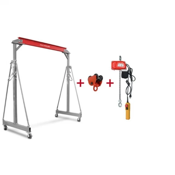 Mobilais portālceltnis, 1 t, ar 300 kg elektrisko ķēdes pacēlāju un 1 t ratiņiem, MW Tools