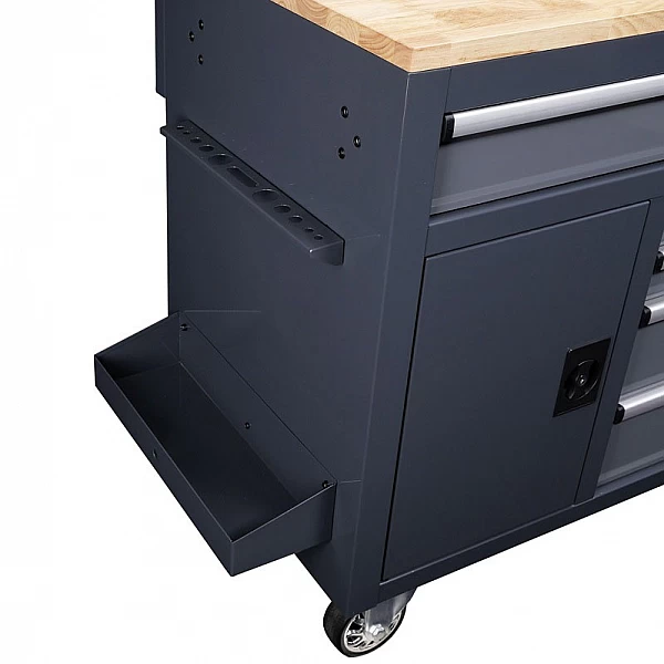 Mobile workbench with wall and wooden table top