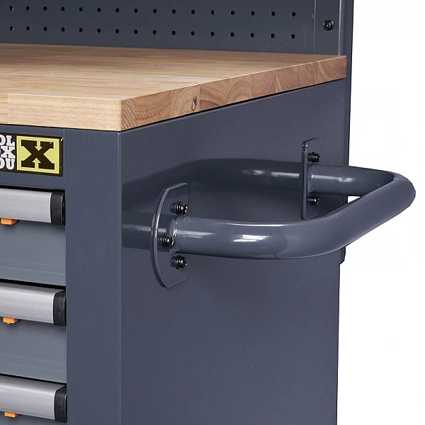 Mobile workbench with wall and wooden table top