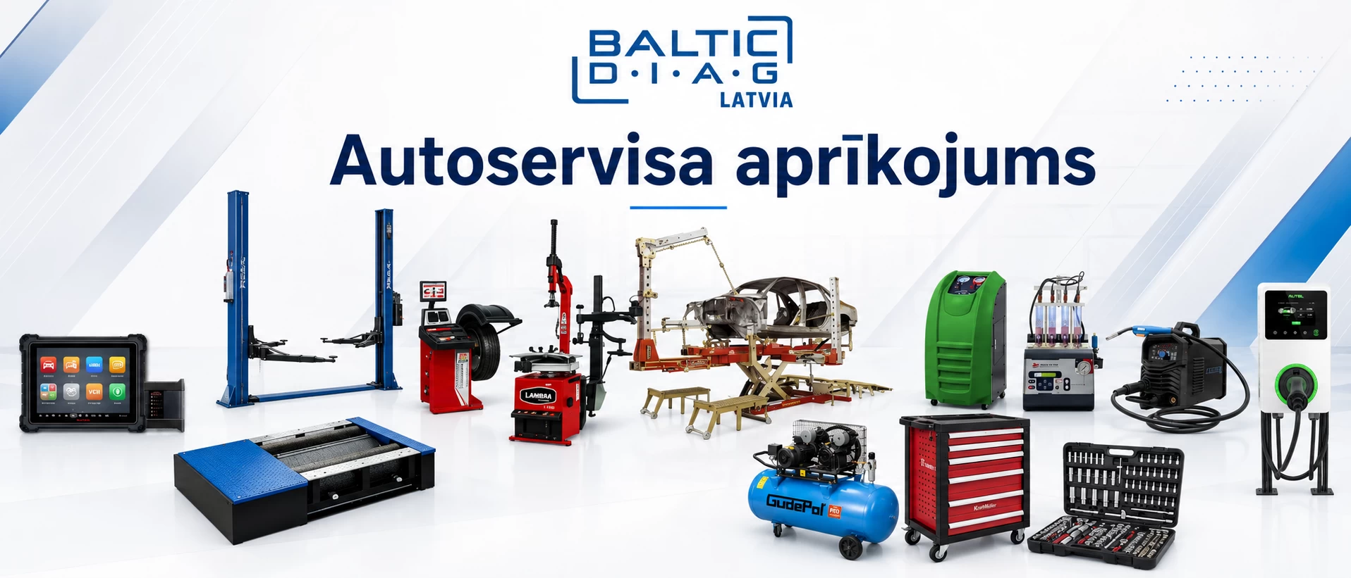 Autoservisa aprīkojums auto servisiem — diagnostikas iekārtas, pacēlāji, riepu servisa iekārtas, kompresori, instrumenti un elektromobiļu uzlādes stacijas