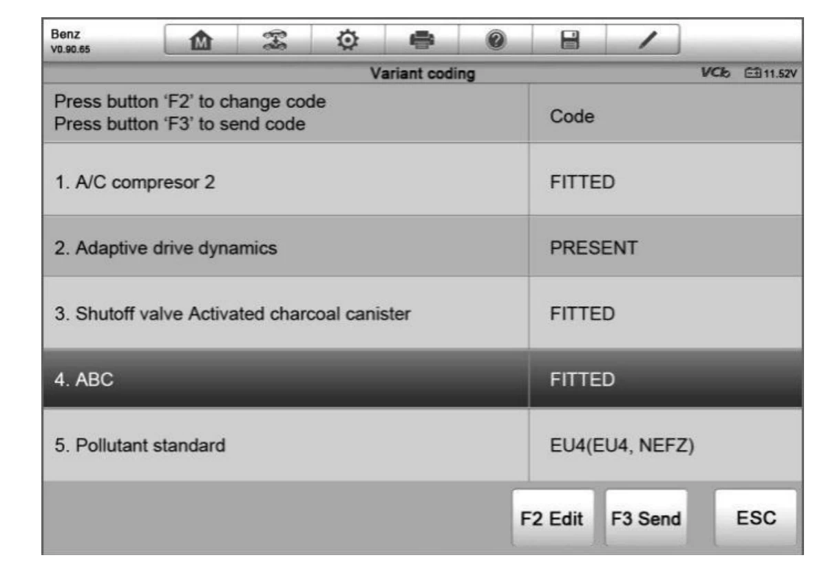 ECU Variant Coding konfigurācijas ekrāns AUTEL diagnostikas sistēmā