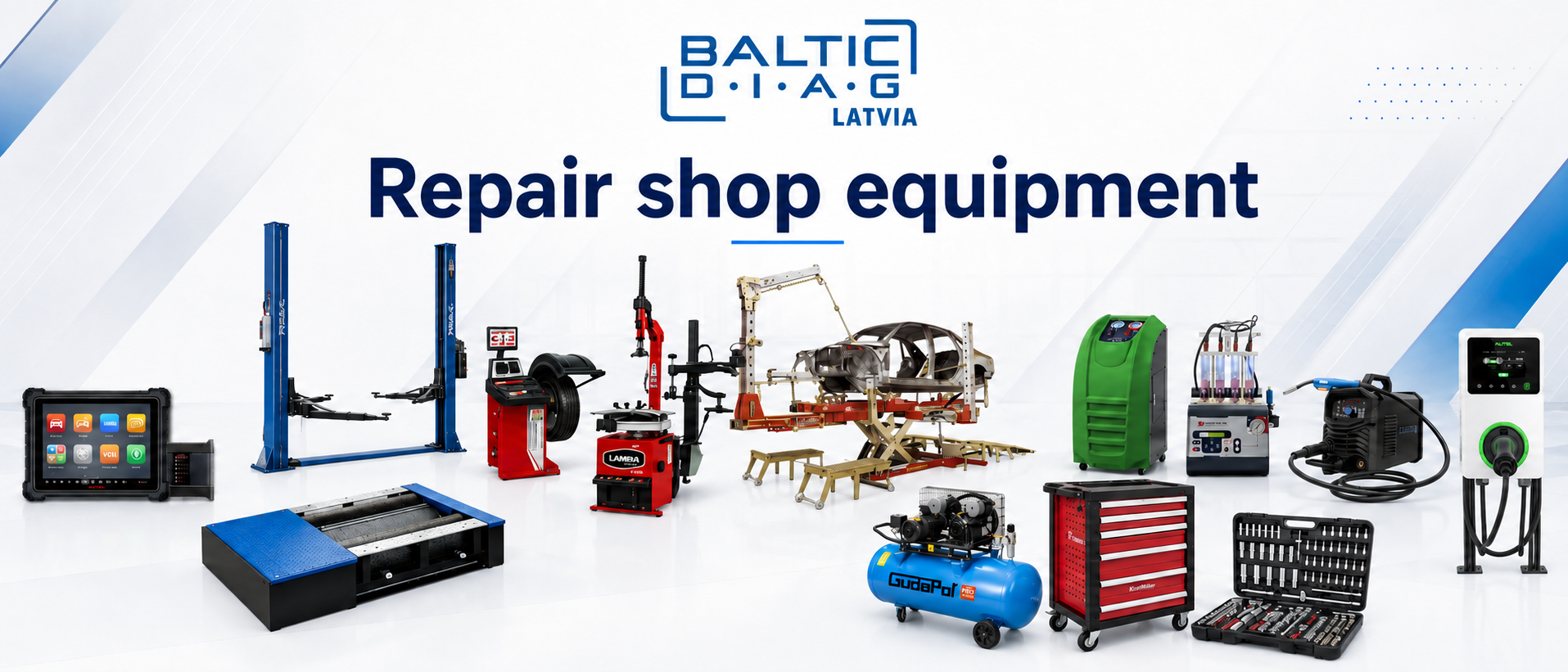 Repair shop equipment for automotive service centres — diagnostic tools, vehicle lifts, tire service equipment, compressors, tools and EV charging stations